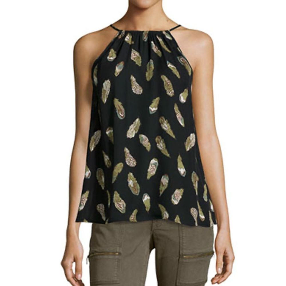 Joie "Alabama" Silk Tank Top - Sz Xs, Black With Green Feather Pattern